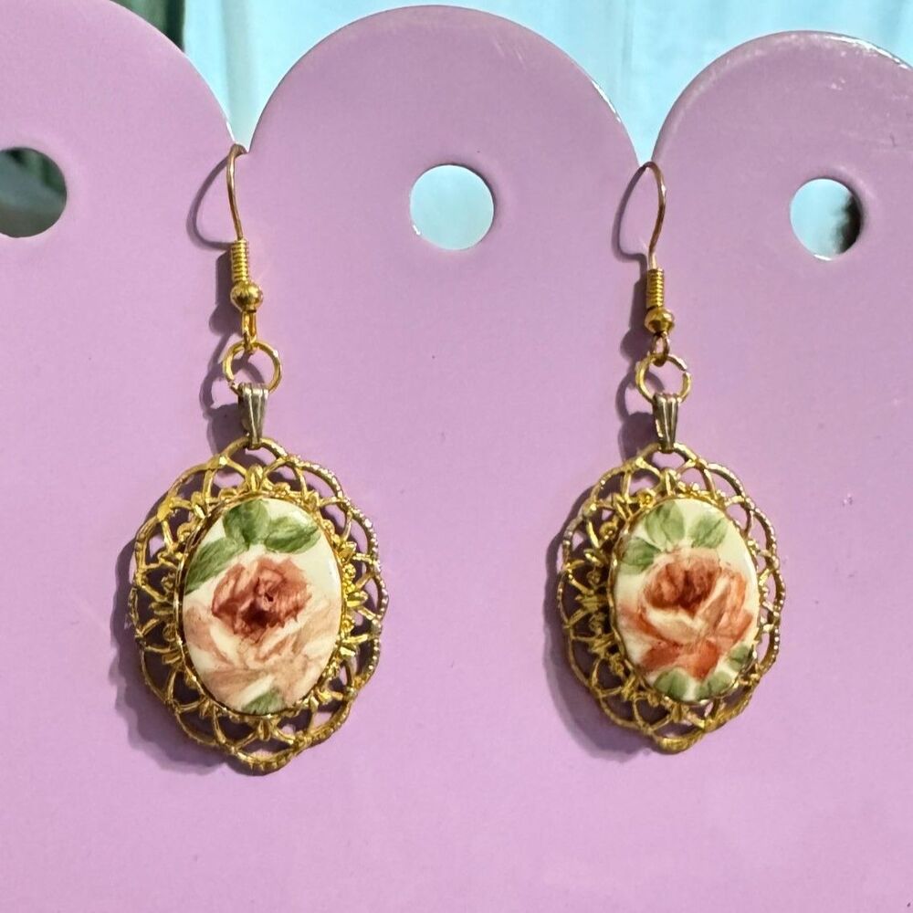 2/$20 Vintage Hand Painted Peony Ceramic Earrings